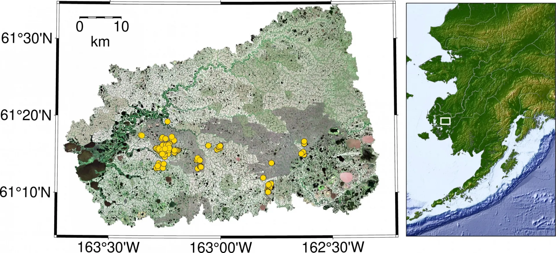 map of water sample locations in the Yukon Kuskokwim delat, alaska