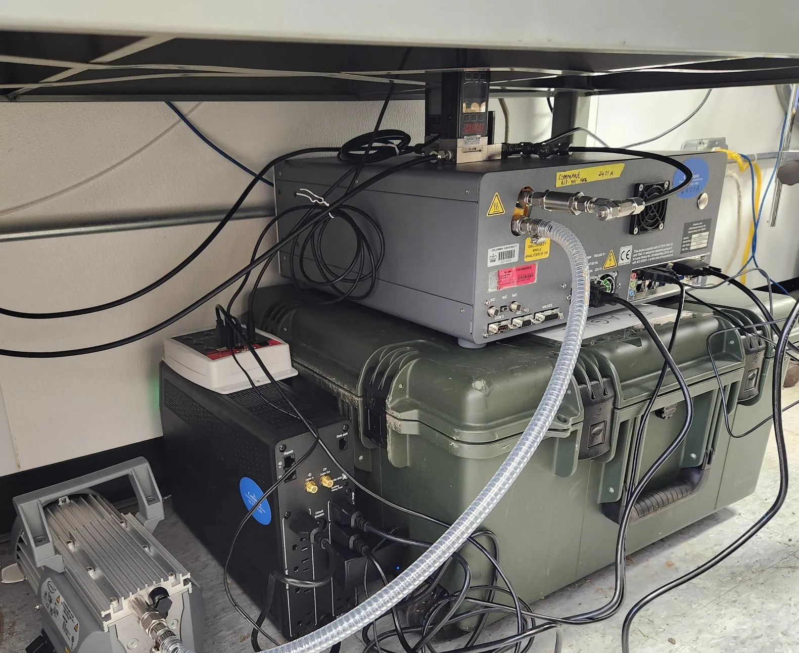 Mid way through installation of the Picarro G2401, which was tucked in under a desk to keep it out of the way