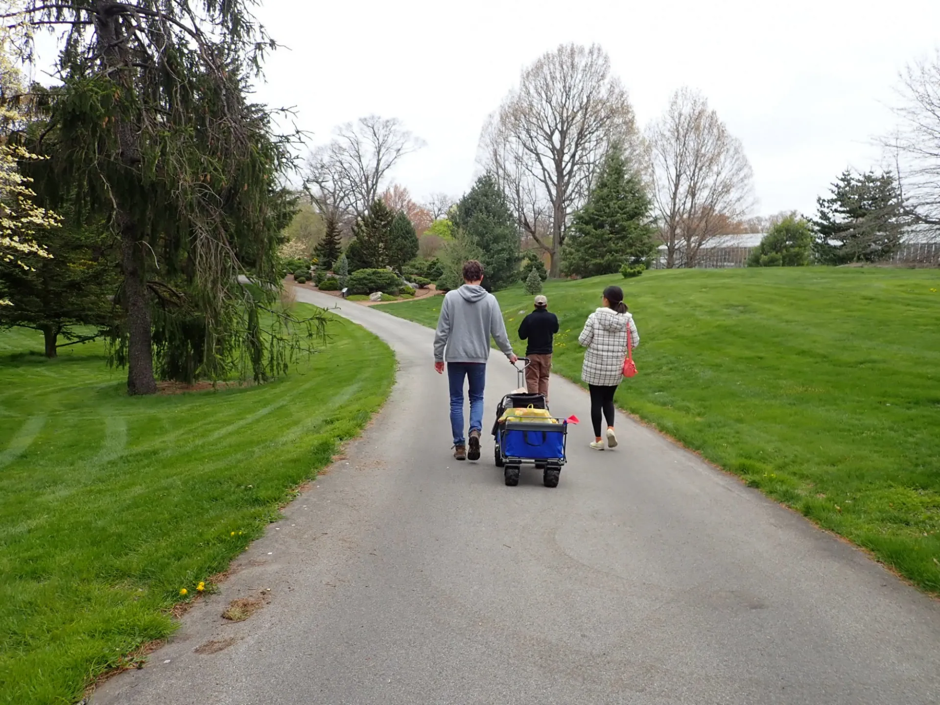 Andrew pulls our trusty cart carrying soil collars along a path at the NYBG as he follows Andy and Dandan